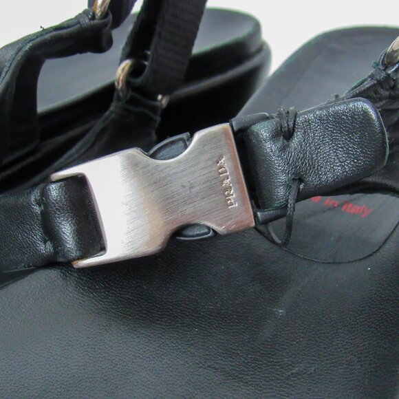 PRADA 90’s VINTAGE Black Sporty Open Toe Platform Sandals W/Metal Buckles Size-9 - Picture 6 of 14